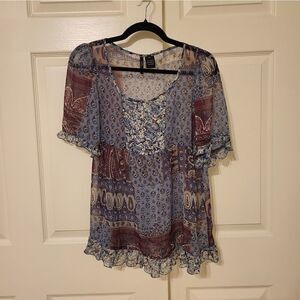 New Directions sheer blue/purple Paisley/floral design short-sleeved blouse